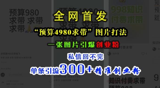 小红书“预算4980带我飞”图片打法，一张图片引爆创业粉，私信回不完，单条引流300+精准创业粉-咖脉互联