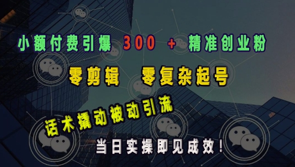 小额付费引爆 300 + 精准创业粉，零剪辑、零复杂起号，话术撬动被动引流，当日实操即见成效-咖脉互联