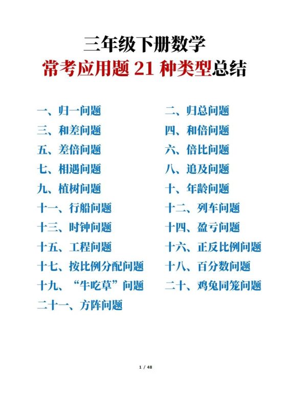 三年级下册数学常考应用题21种类型总结(附例题、解题思路)-咖脉互联