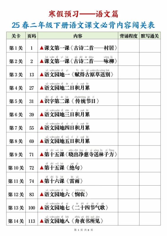 25春二下语文课文必背内容闯关表+默写8页-咖脉互联