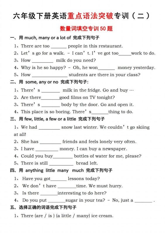 六年级下册人教PEP英语重点语法突破专项训(二)数量词填空-咖脉互联
