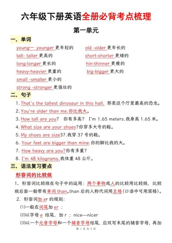 六下人教pep英语全册必背考点梳理-咖脉互联