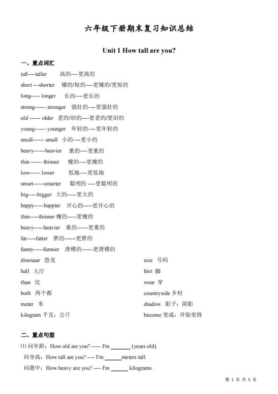 六下人教版PEP英语期末复习知识总结-咖脉互联