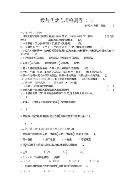 六下青岛63版数学期末数与代数专项检测卷(1)-咖脉互联