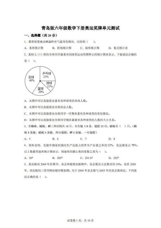 青岛63版数学六年级下册第五单元《奥运奖牌——扇形统计图》单元测试卷-咖脉互联