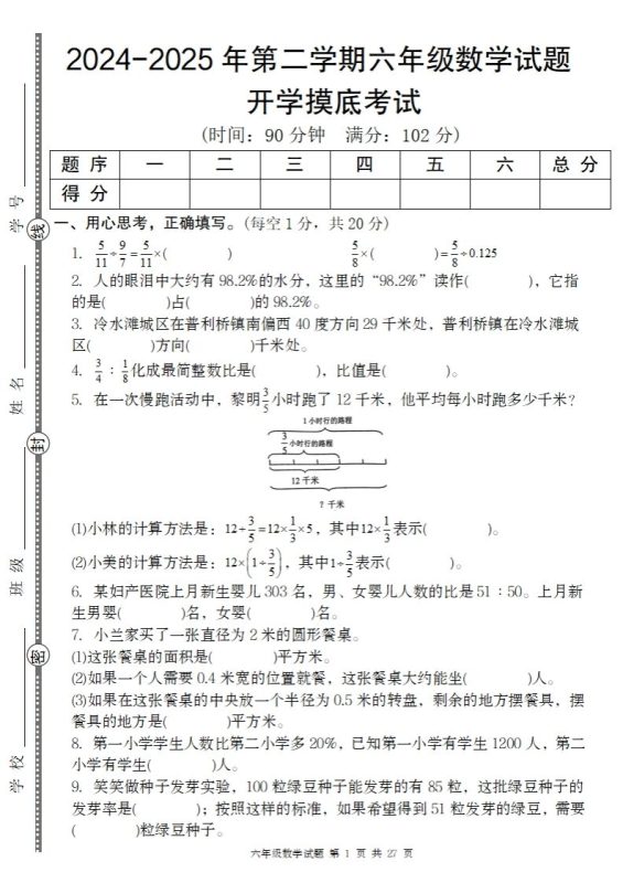【人教版】2024-2025年第二学期六年级数学开学摸底试题-咖脉互联