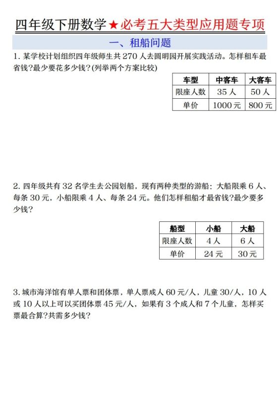 【专项】四下数学必考五大类型应用题(含答案,通用版)-咖脉互联
