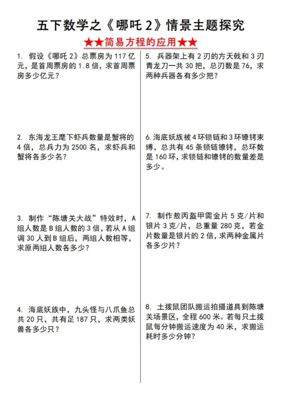 【苏教版】五下数学之《哪吒2》情景主题探究(简易方程的应用)(空白版)-咖脉互联