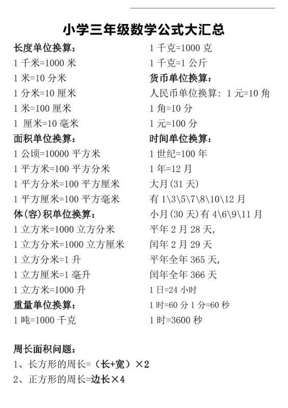 三年级下册数学公式大汇总-咖脉互联