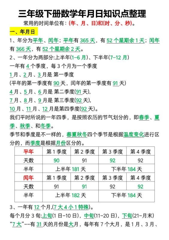 三下数学年月日知识点整理-咖脉互联