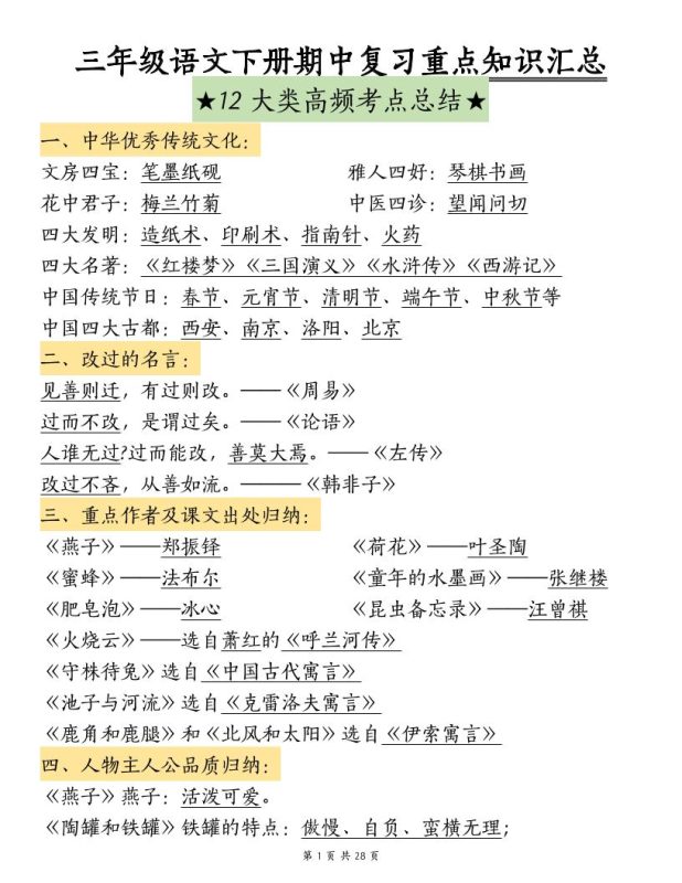 三下语文期中复习重点知识汇总-12大高频考点-咖脉互联