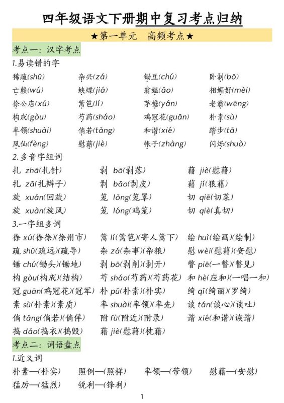 四下语文期中常考知识点汇总-咖脉互联