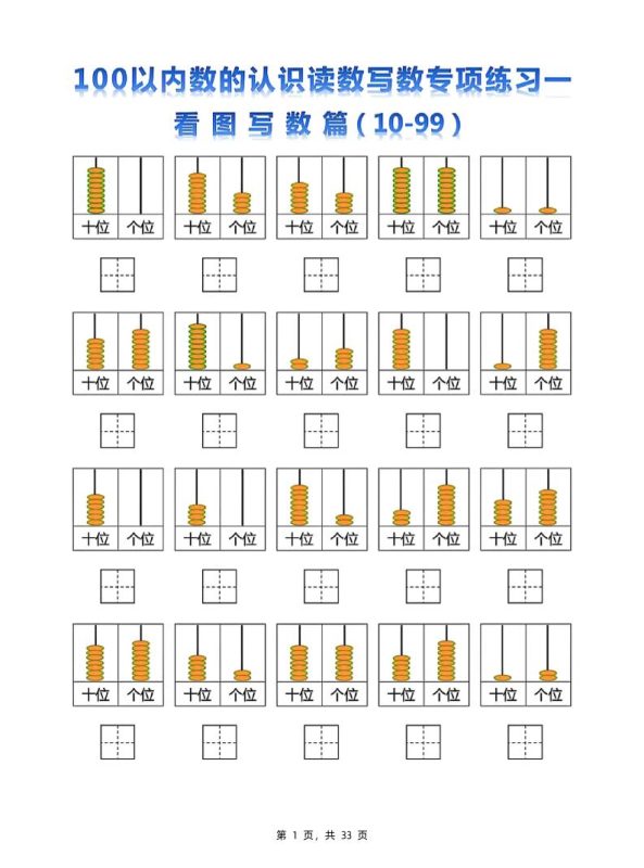 新一下数学100以内数的认识读数写数专项练习五套(33页)-咖脉互联