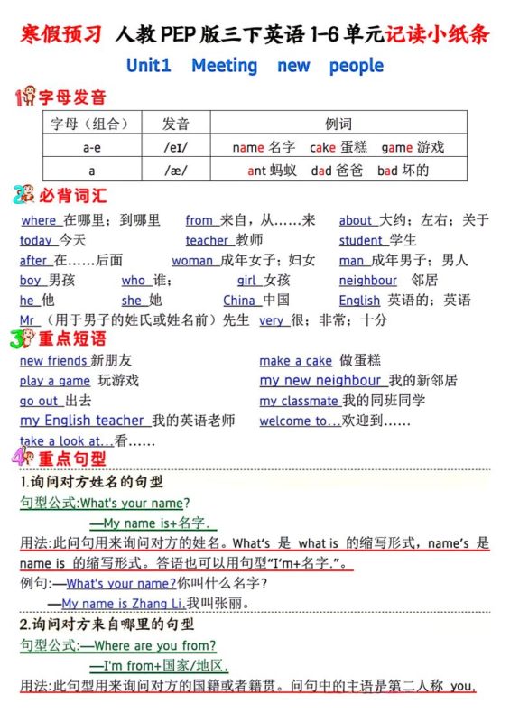 人教PEP版三下英语1-6单元记读小纸条-咖脉互联