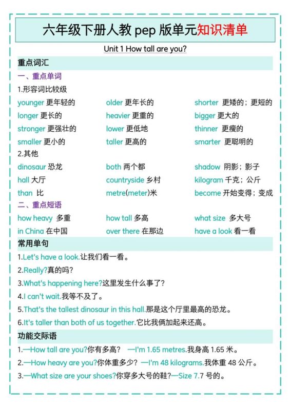 六下英语人教pep版单元知识清单-咖脉互联