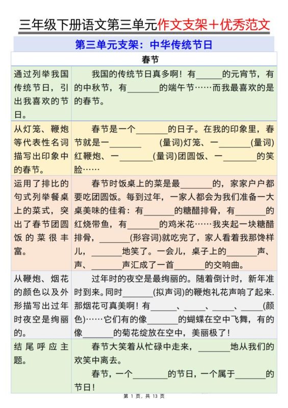 三下语文第三单元作文支架+优秀范文13页-咖脉互联