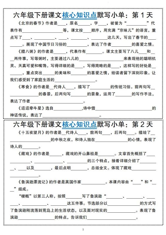 六年级下册语文课文核心知识点默写小单-咖脉互联