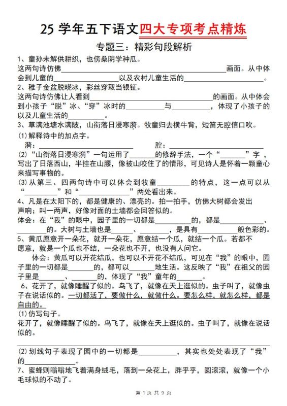 25学年五下语文四大专项考点精炼(专题三:精彩句段解析)-咖脉互联