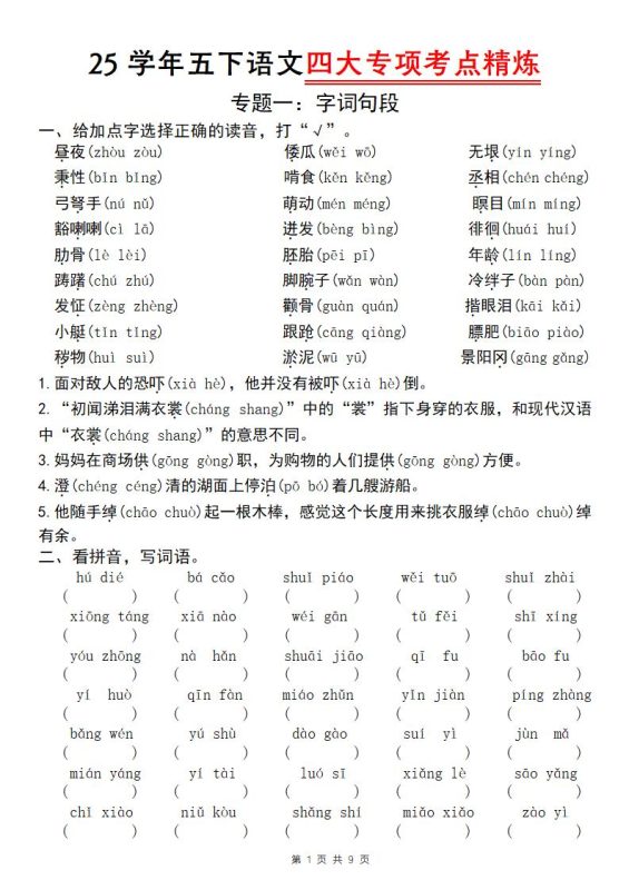 25学年五下语文四大专项考点精炼(专题一:字词句段)-咖脉互联