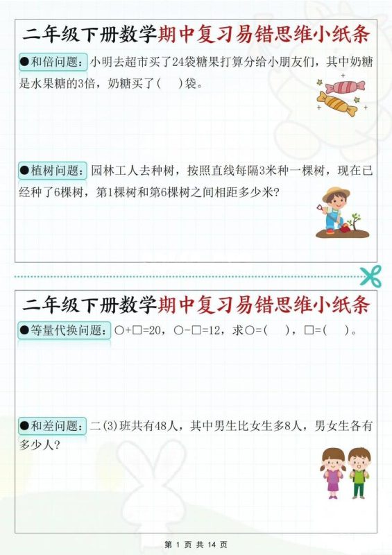 二下数学期中复习易错思维小纸条(含答案14页)-咖脉互联