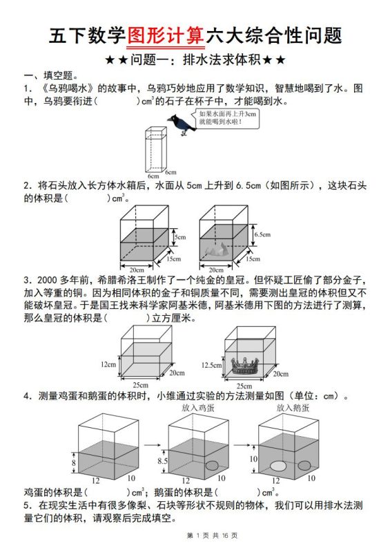 【通用版】五下数学图形计算六大综合性问题(问题一:排水法求体积)-咖脉互联