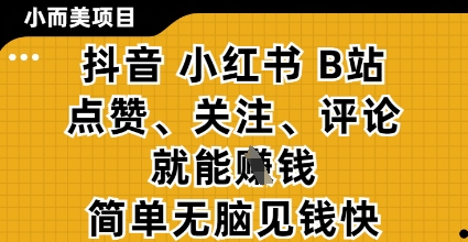 小而美的项目，抖音小红书B站视频点赞、关注、评论就能挣钱，简单无脑立见收益，妥妥的零撸项目【揭秘】-咖脉互联