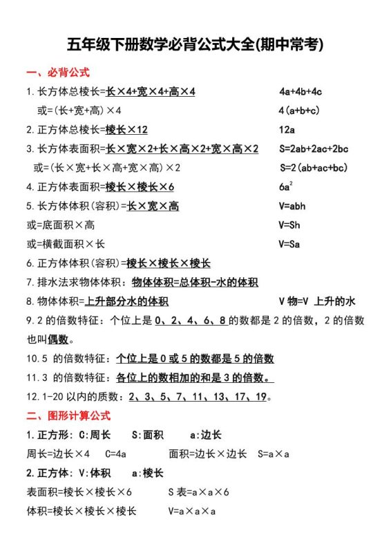 五年级下册数学必背公式大全(期中常考)-咖脉互联