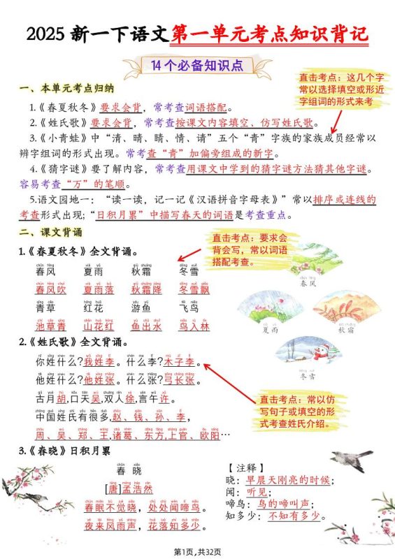25新一下语文1-8单元考点知识背记(32页)-咖脉互联