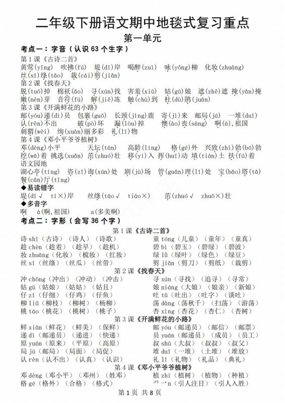 二年级下册语文期中地毯式复习重点8页-咖脉互联
