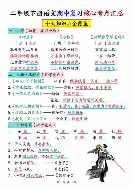 二下语文期中复习核心考点汇总(10大知识点)13页-咖脉互联