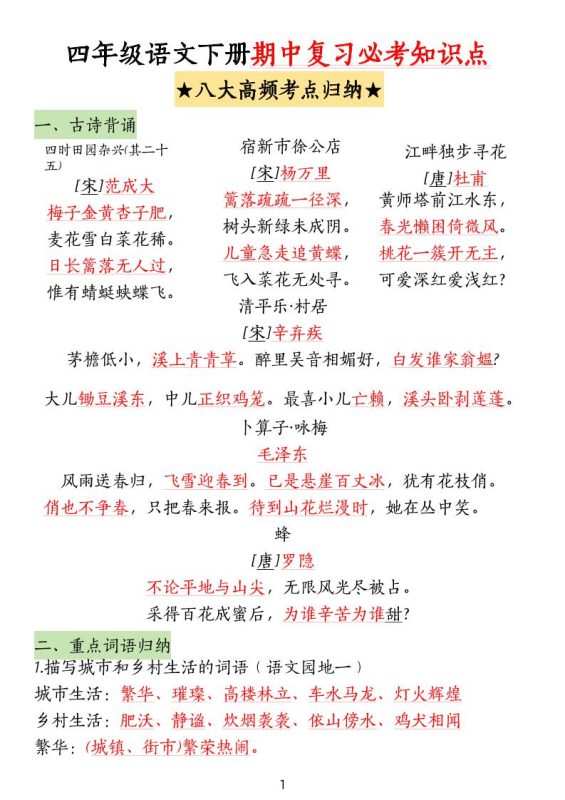 四下语文期中复习-八大高频考点归纳(4)-咖脉互联
