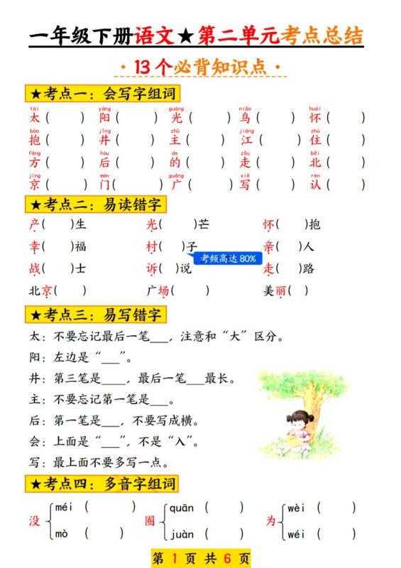 2025新版一年级语文下册第二单元考点总结13个必背-咖脉互联