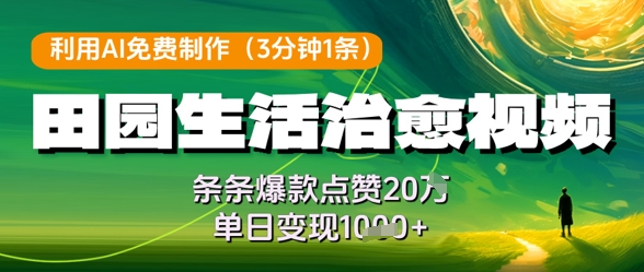 利用AI免费制作田园生活治愈视频，条条爆款点赞20W，单日变现几张-咖脉互联