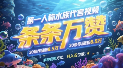 第一人称水族代言视频，条条万赞，20条作品涨粉7.8W，多种变现方式月入五位数-咖脉互联