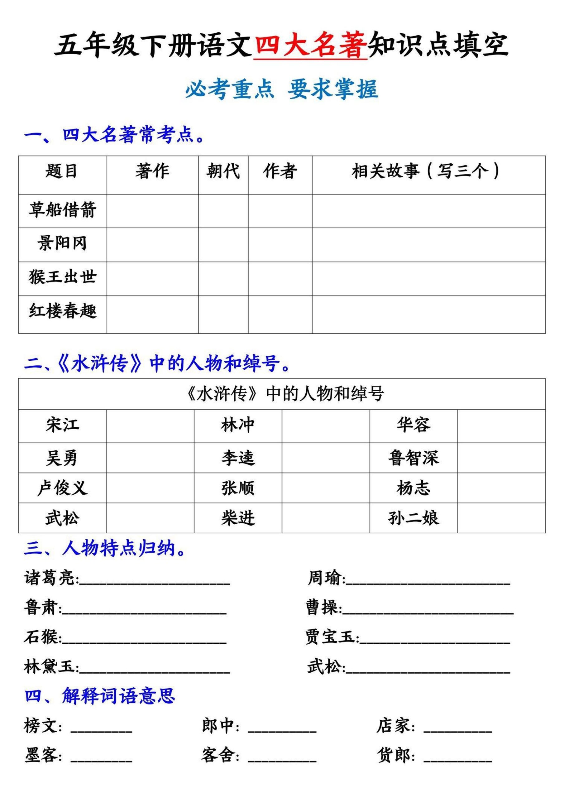 【《四大名著》知识点填空】五下语文-咖脉互联