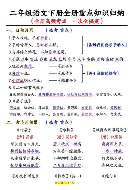 二下语文期末考试全册高频考点-咖脉互联