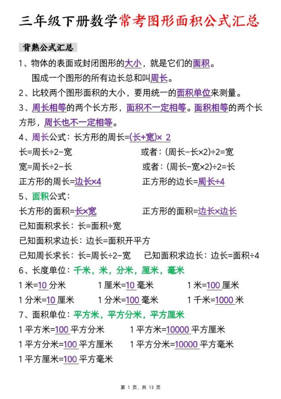 三年级下数学面积公式汇总+面积十大考点专项练习-咖脉互联