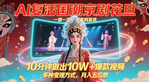 AI复活国潮京剧花旦，一颦一笑美到窒息，10分钟做出10W+爆款视频，多种变现方式，月入五位数-咖脉互联