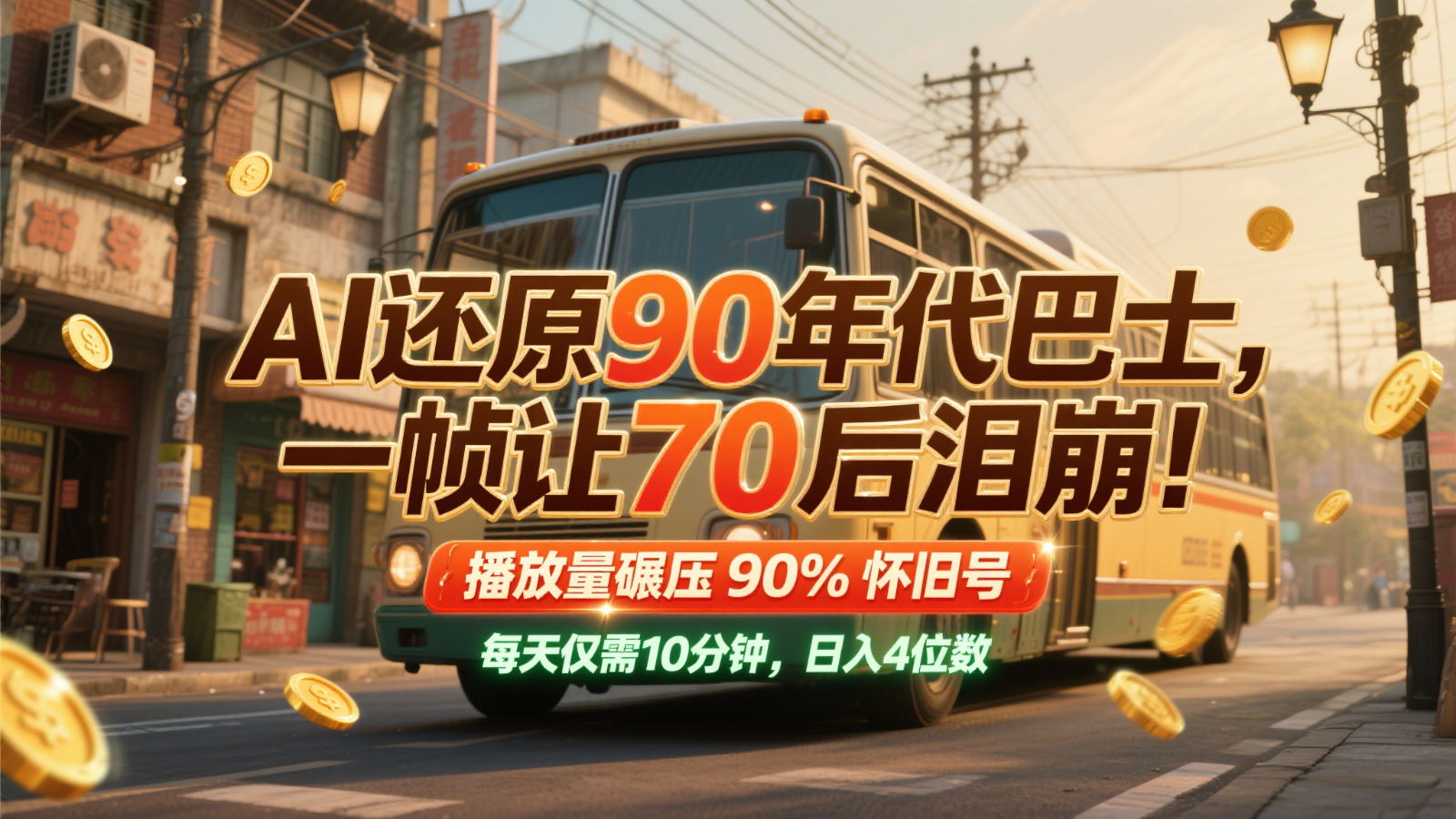AI还原90年代巴士，一帧让70后泪崩！播放量碾压90%怀旧号，每天10分钟，日入4位数-咖脉互联