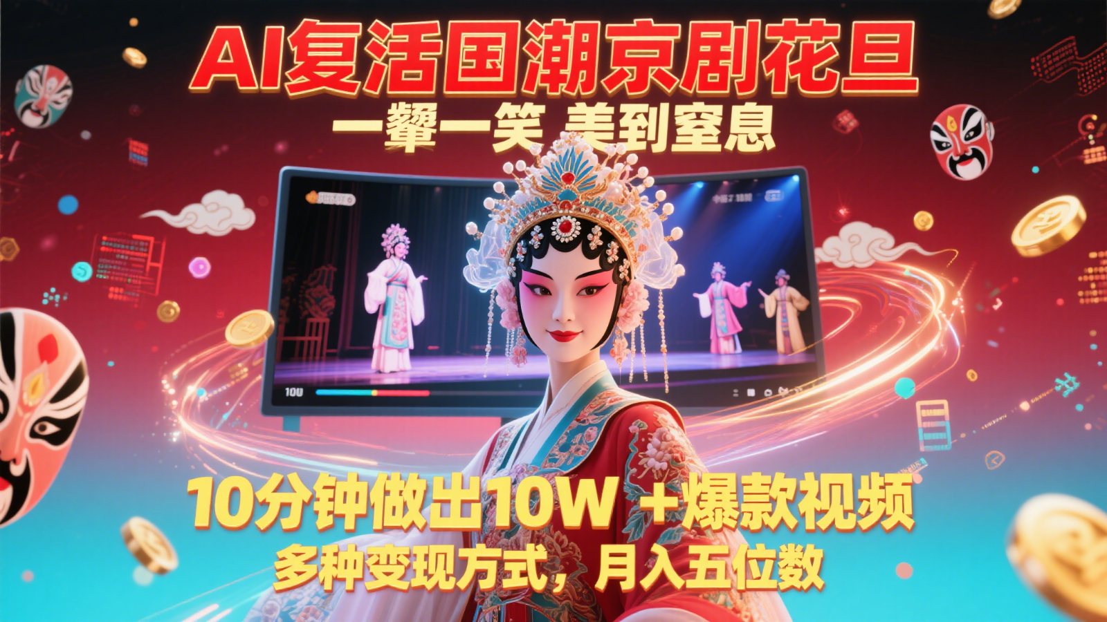 AI复活国潮京剧花旦，一颦一笑美到窒息，10分钟做出10W+爆款视频，多种变现方式-咖脉互联