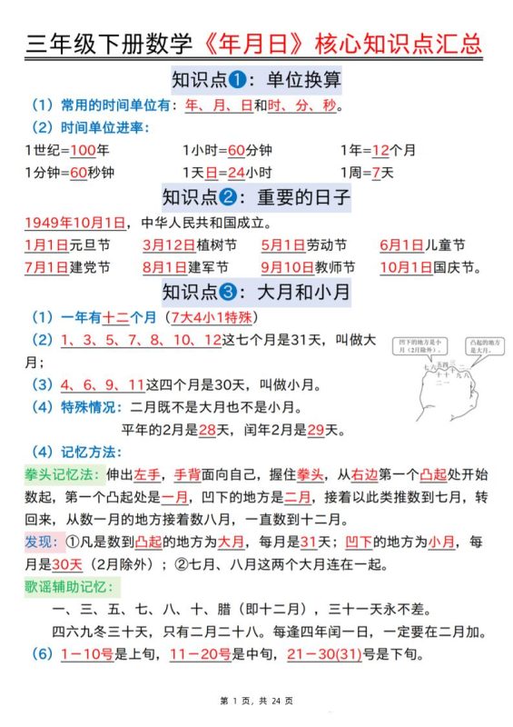 三下数学《年月日》核心知识点汇总+计算技巧+六大考点必刷题(练习+答案24页)-咖脉互联