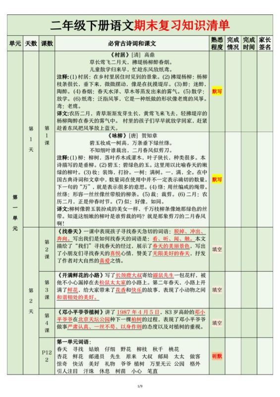二年级下语文期末复习计划清单-咖脉互联