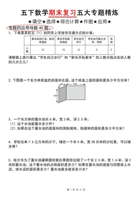五下数学【期末复习五大专题精炼(专题四:应用题)】-咖脉互联