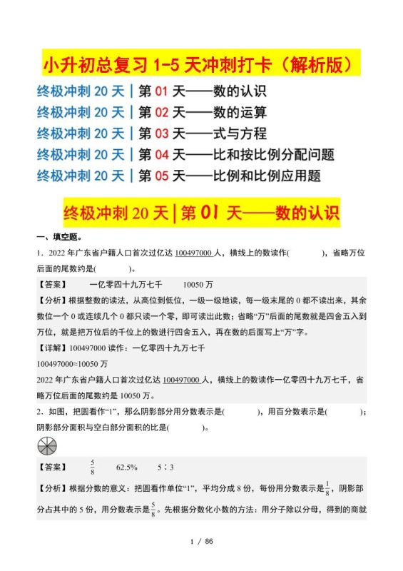 小升初数学终极冲刺20天(1-5天冲刺打卡)(答案解析版)-咖脉互联
