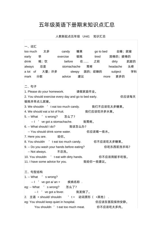 五下人教版一起点英语【期末知识清单汇总】-咖脉互联