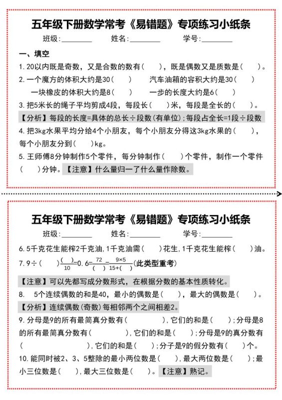 【期末复习每日系列】五年级下册数学常考《易错题》专项练习小纸条-咖脉互联