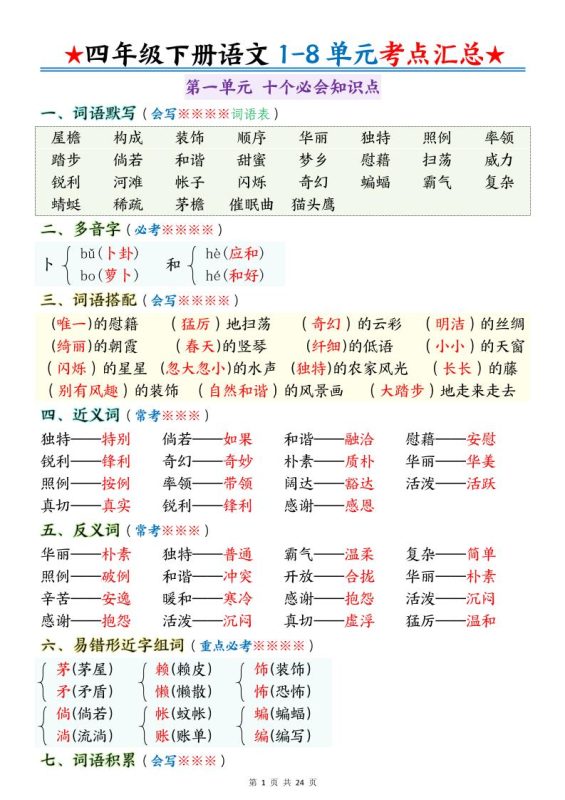 四下语文期末1-8单元十大考点必背-咖脉互联