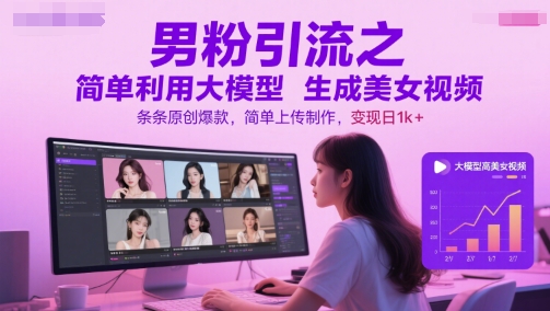男粉引流之简单利用大模型生成美女视频，条条原创爆款，简单上传制作，变现日1k+-咖脉互联