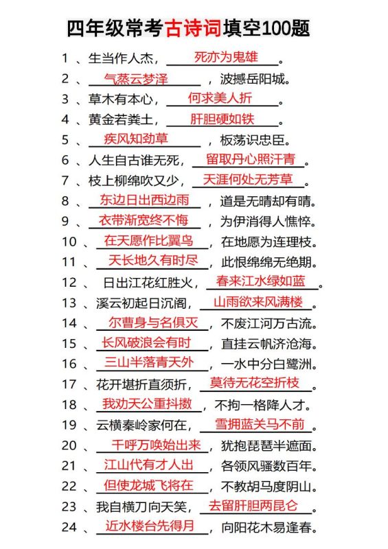 四年级下语文常考古诗词填空100题有答案-咖脉互联