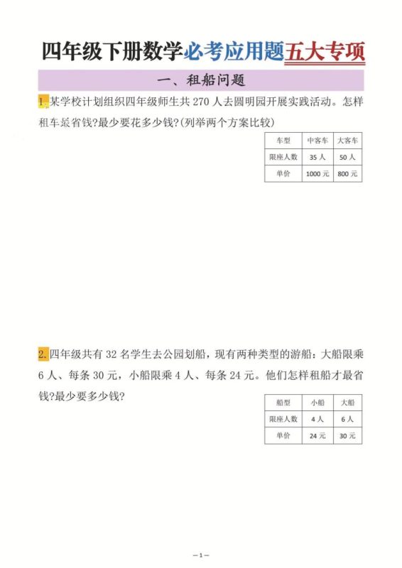 四年级下数学必考应用题五大专项-咖脉互联